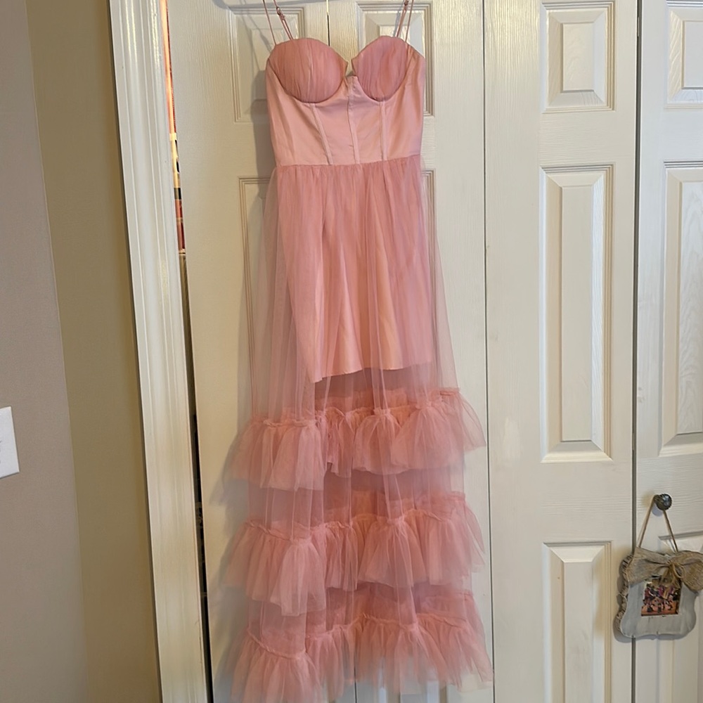 selfie leslie ruffle mesh maxi pink dress, size XS.